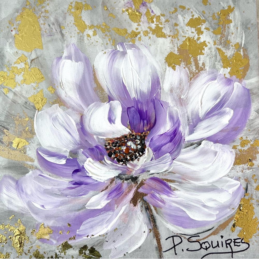 4 Paintings Purple and Gold Floral Canvas Art  8x8 each